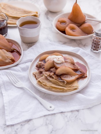 Spelt Crepes & Mulled Wine Poached Pears