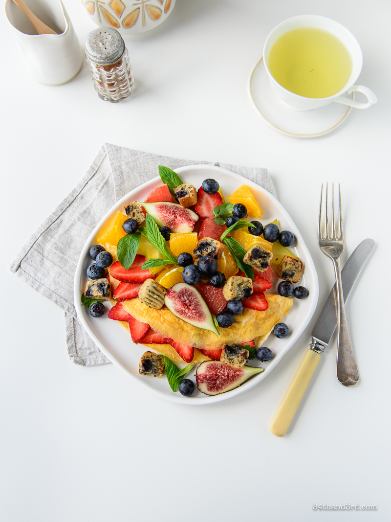 Fruit Omelette & Blueberry Muffin Croutons